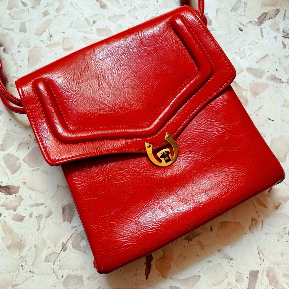 KADIN Vintage Red Patent Leather Crossbody Purse 70s Retro Pinup Rockabilly